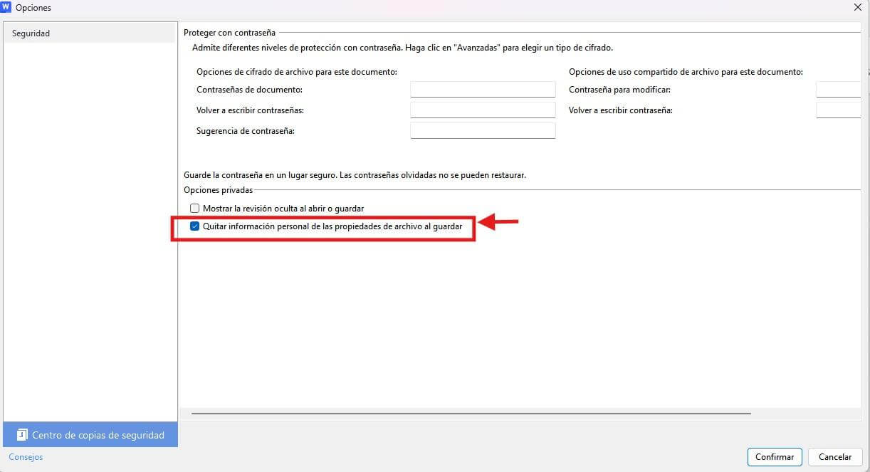 Opciones de privacidad de WPS Office