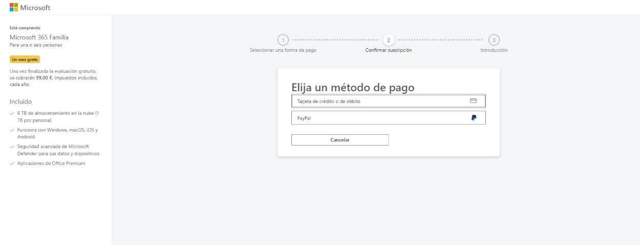 Seleccionar el método de pago para la compra de Microsoft 365