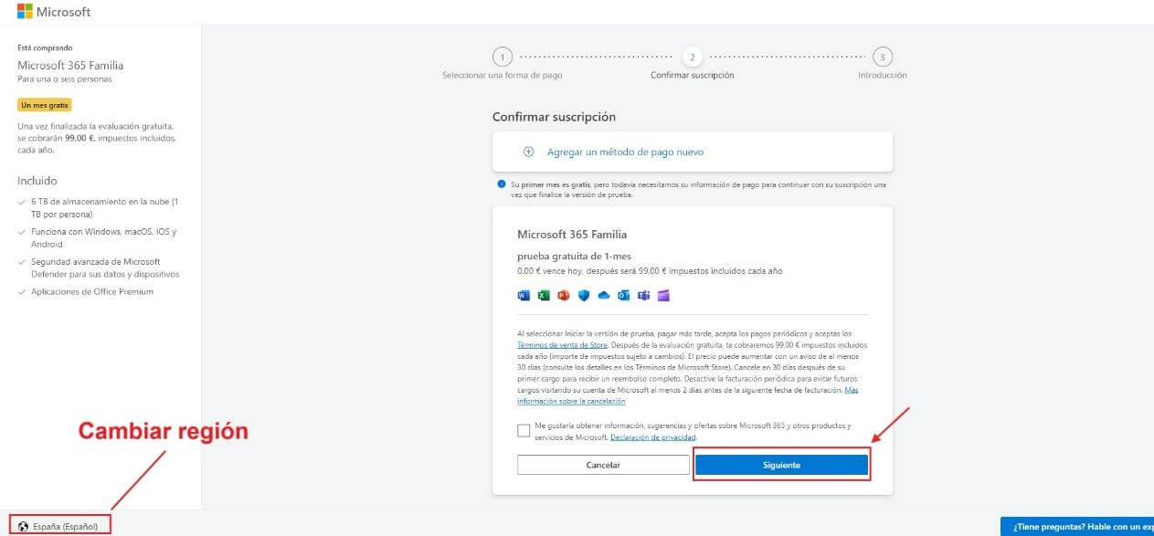 Página de pago de Microsoft 365