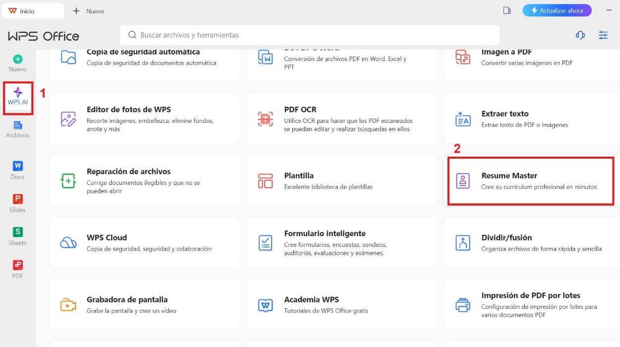 Herramienta Resume Master de WPS AI
