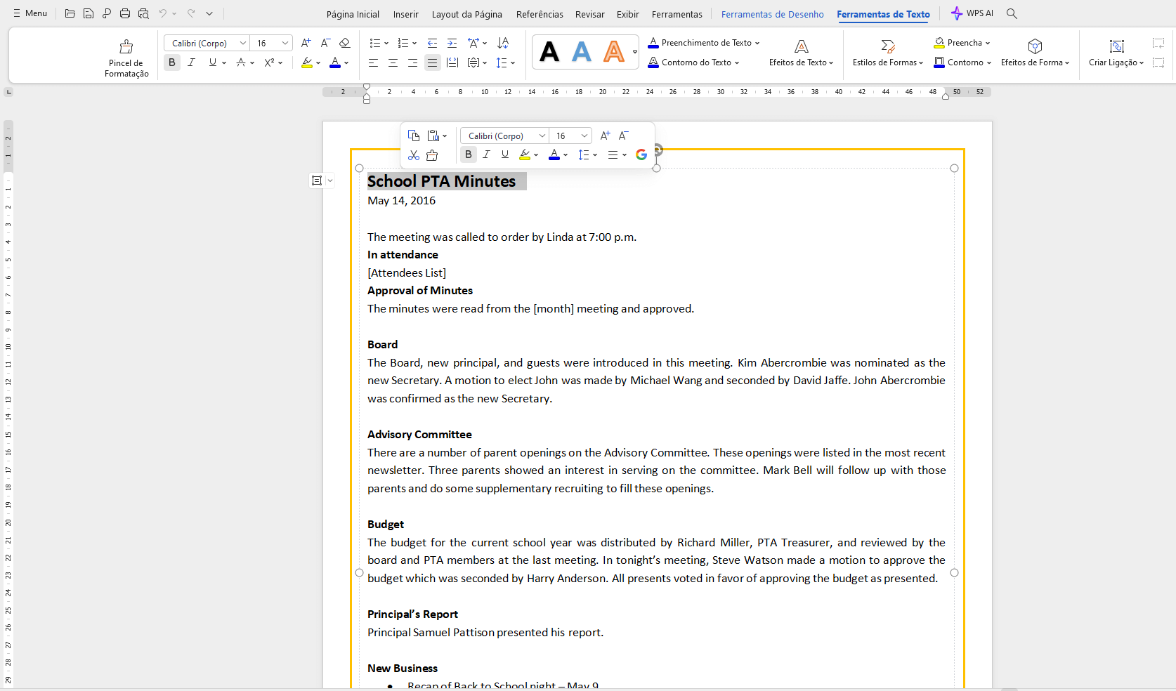 editando seu modelo de pauta de reunião