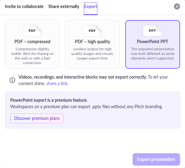 Pitch.com export limitation