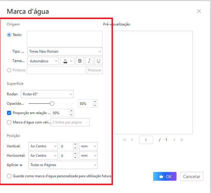 Configurações de Marca d'Água Personalizada