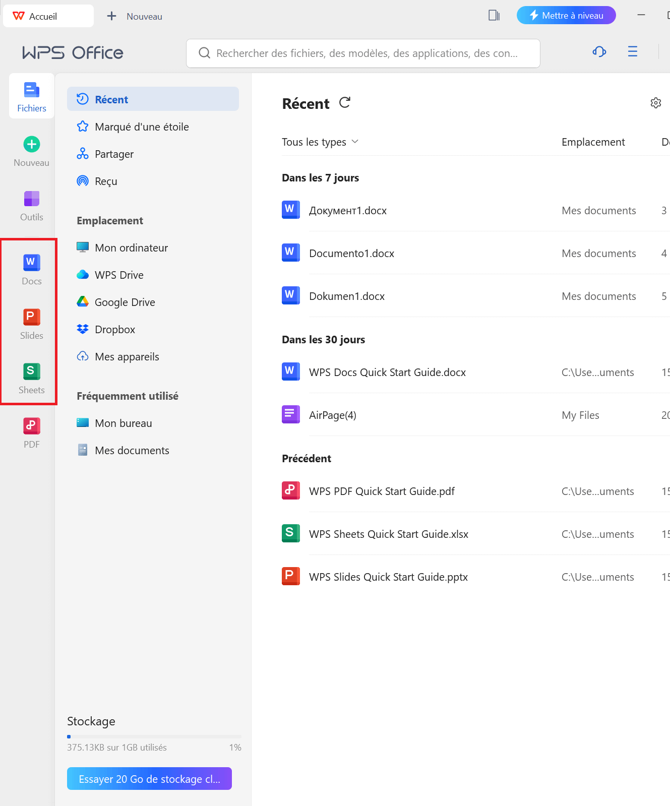 Application de bureau WPS Office avec la sélection de la feuille de calcul