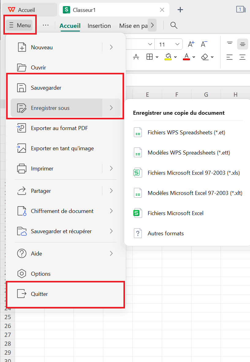 Fichier WPS Spreadsheets avec indications sur l'endroit où enregistrer le fichier et où le fermer