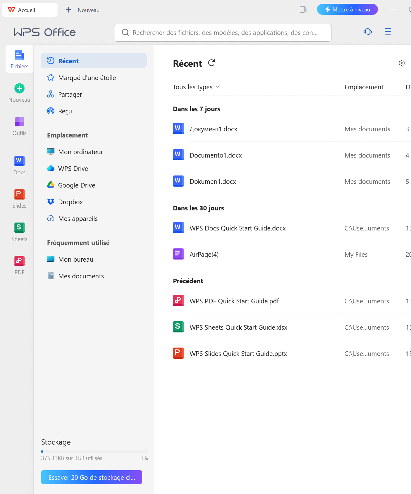 Application de bureau WPS Office ouverte
