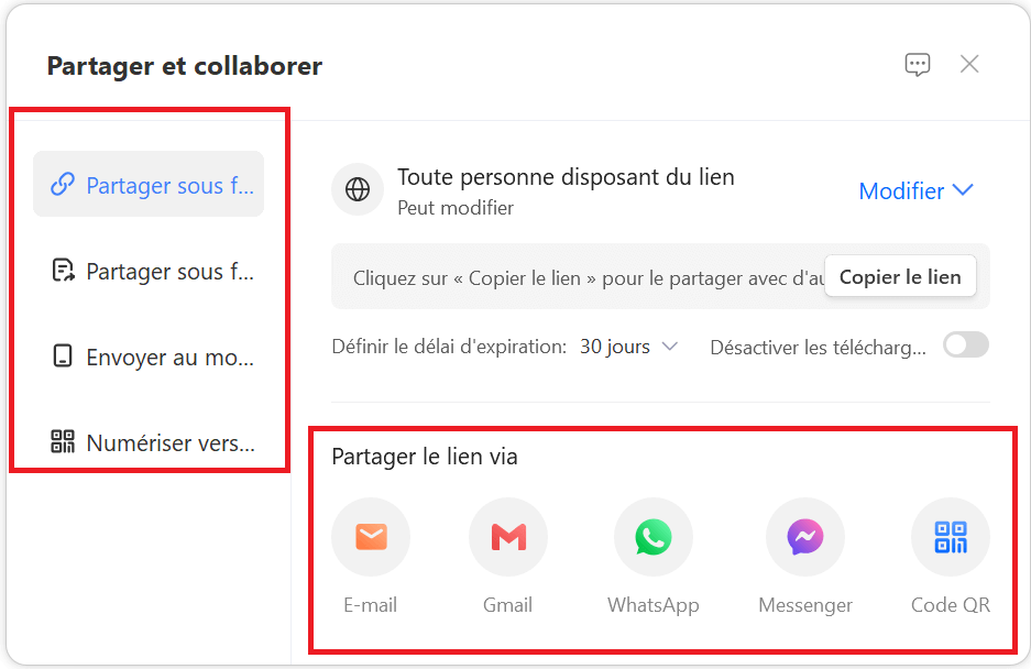 Boîte de dialogue Partager pour sélectionner avec qui partager le document
