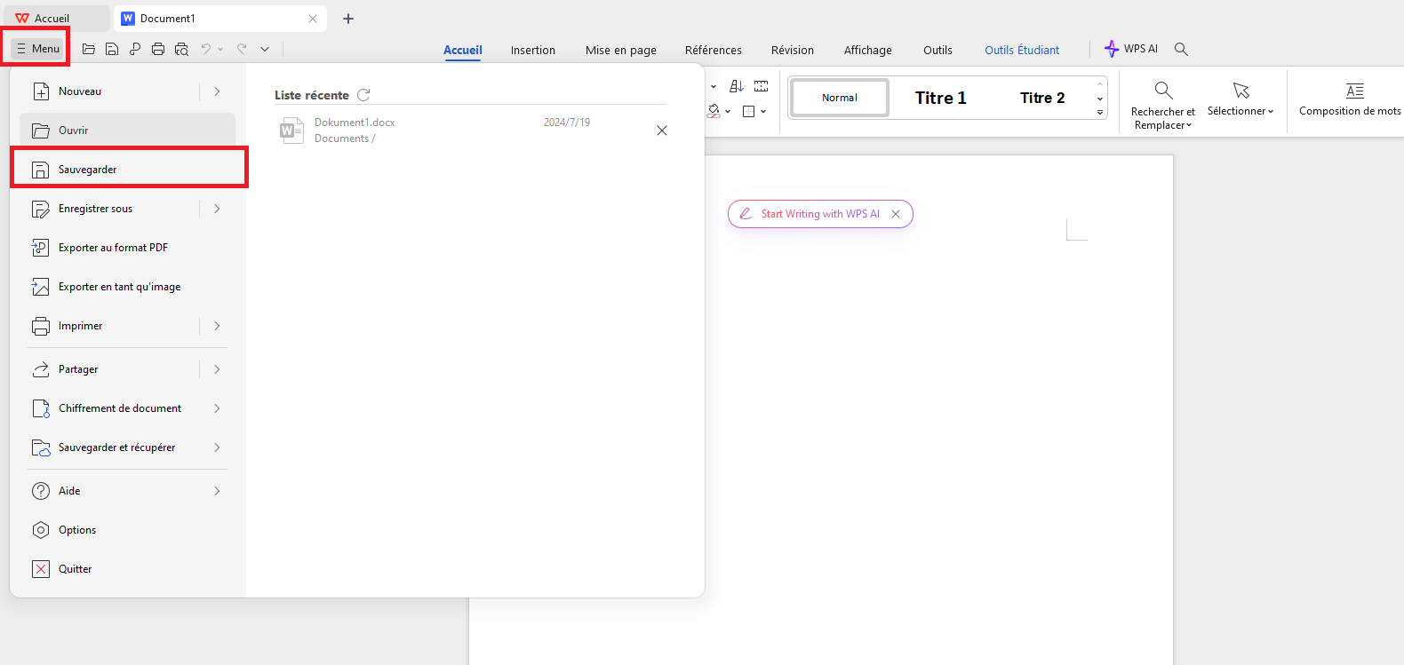 Enregistrer un fichier dans WPS Office