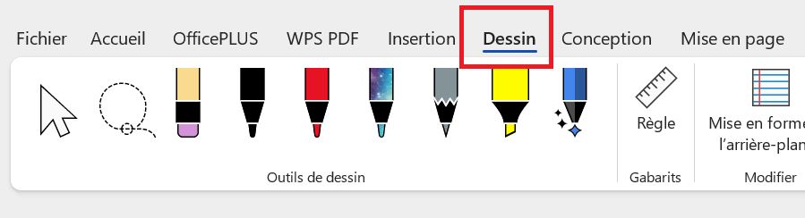 Outil de dessin dans Microsoft Word avec différentes options