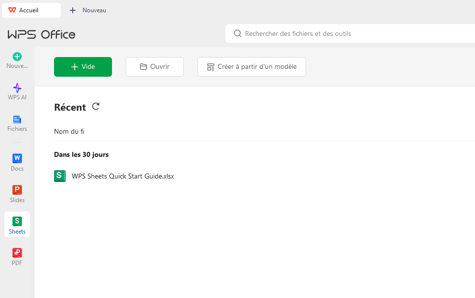 Ouverture de WPS Tableur
