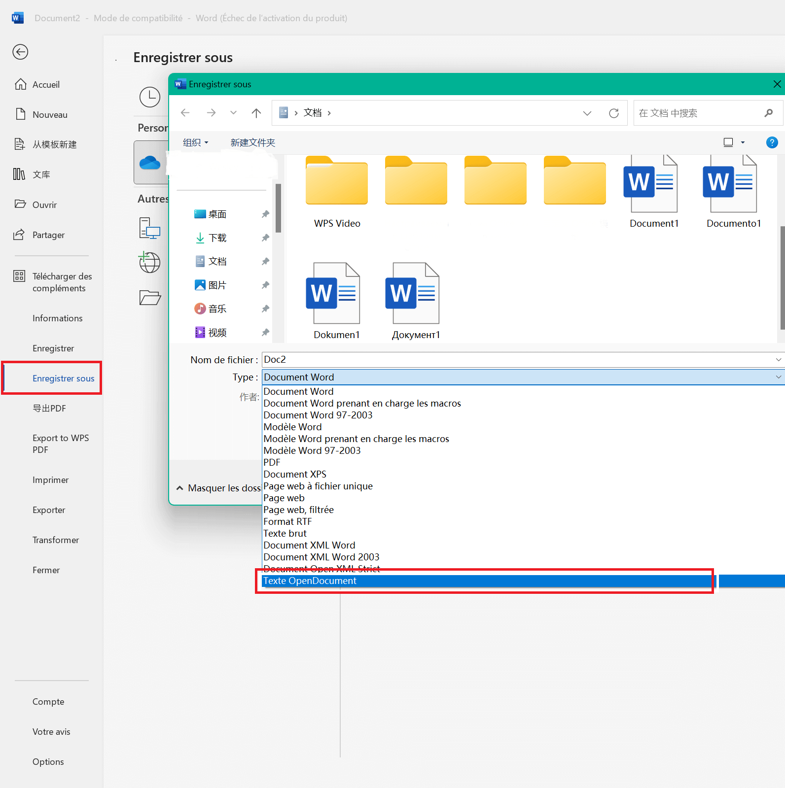 Enregistrement d'un document Word au format OpenDocument