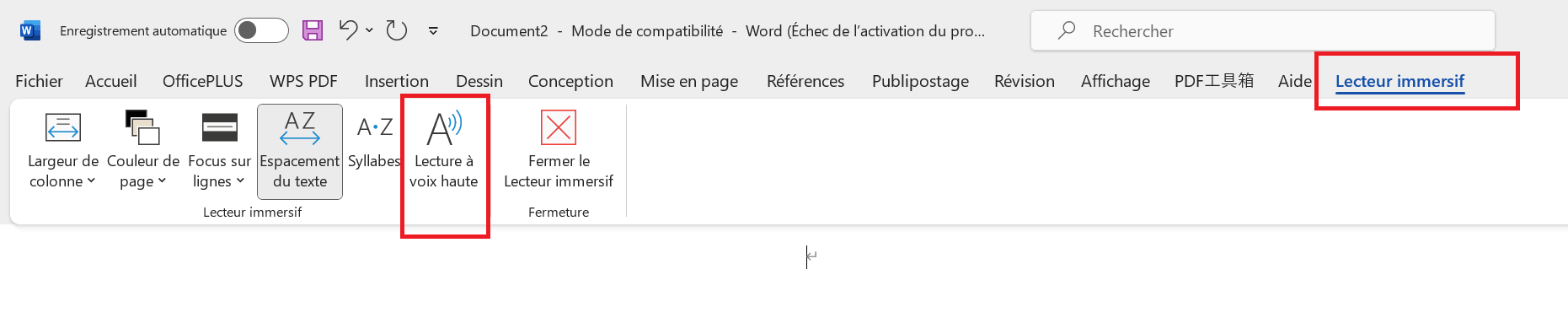 Onglet du Lecteur immersif dans la barre d'outils dans Microsoft Office 2021 pour Mac