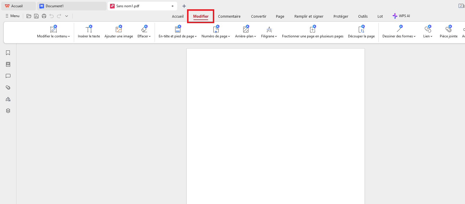 Onglet Modifier dans WPS PDF