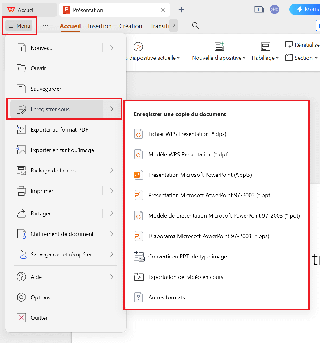 Option Enregistrer sous dans WPS AI