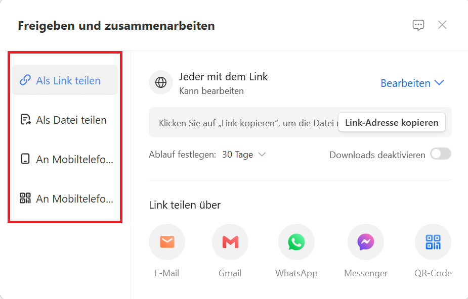 Freigabedialogfeld zum Auswählen der Personen, mit denen das Dokument geteilt werden soll