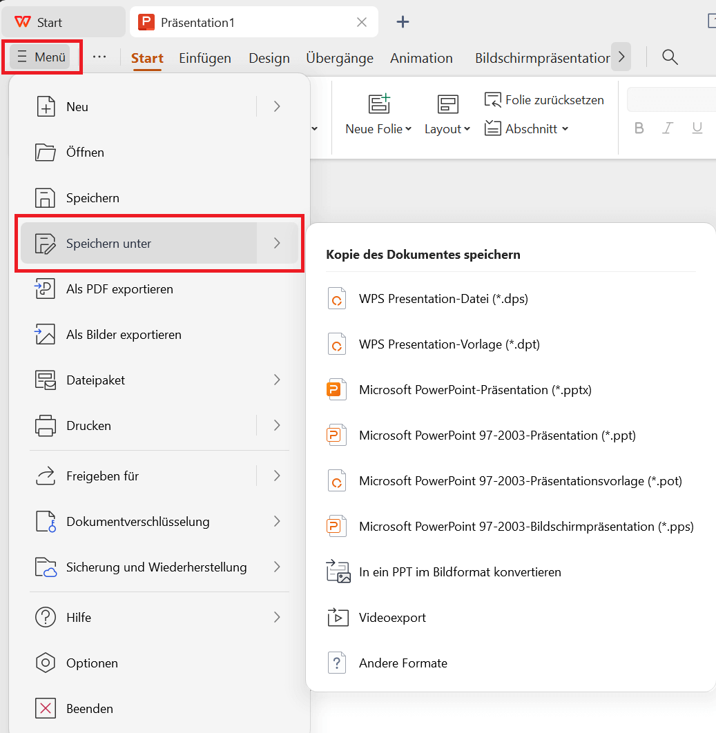 WPS Speichern als Option