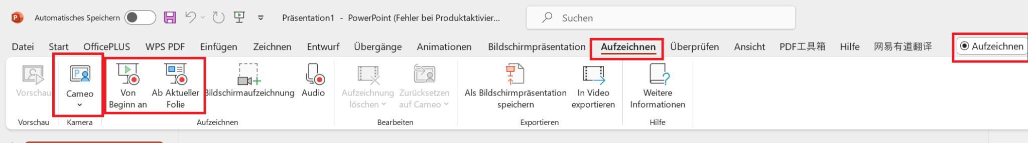 Aufnahmeoptionen für Folien in Microsoft PowerPoint