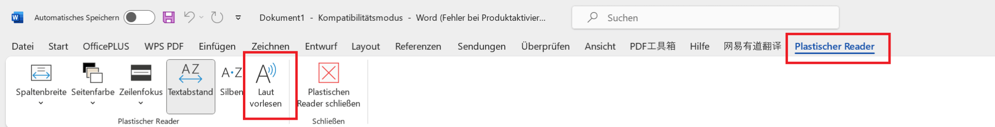 Symbolleiste des Lese-Modus in Microsoft Office 2021 für Mac