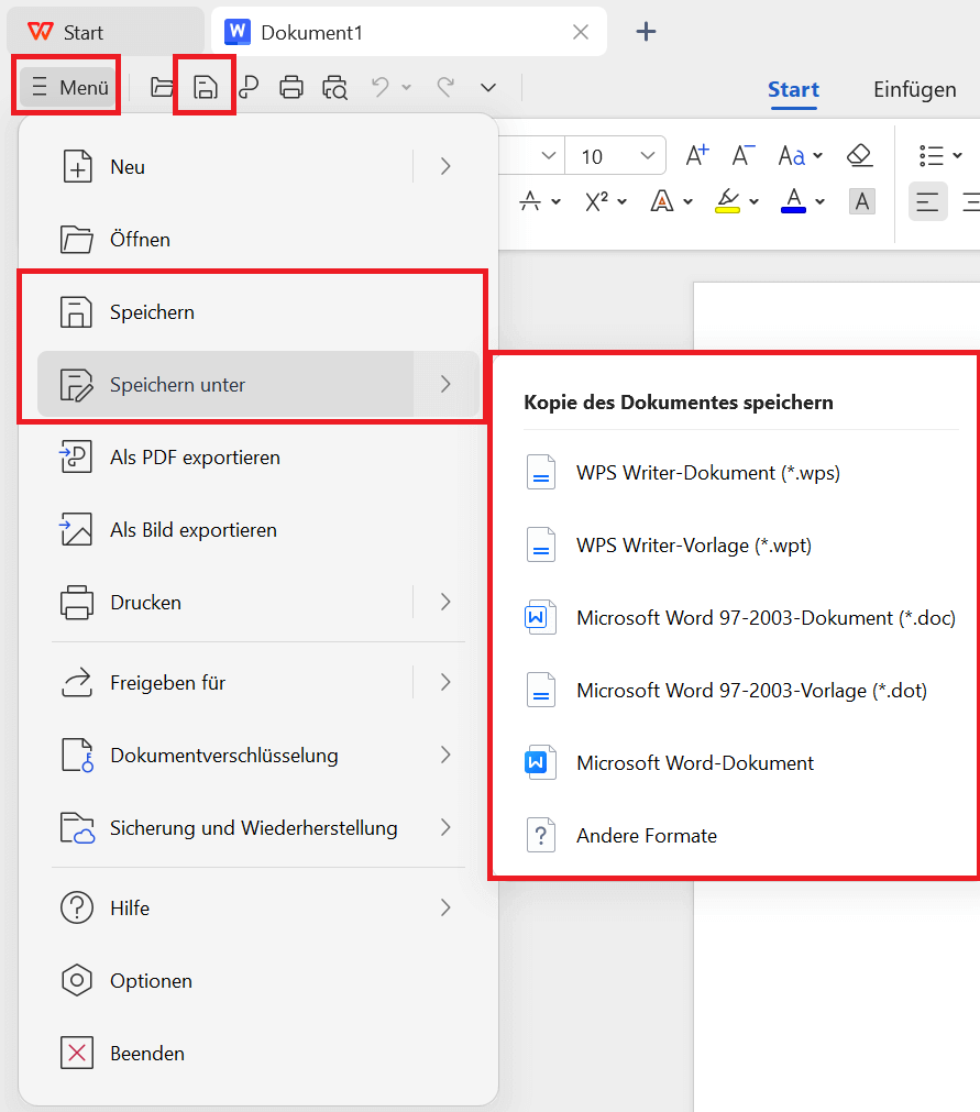 Anzeige verschiedener Möglichkeiten zum Speichern eines Dokuments in WPS Office Writer