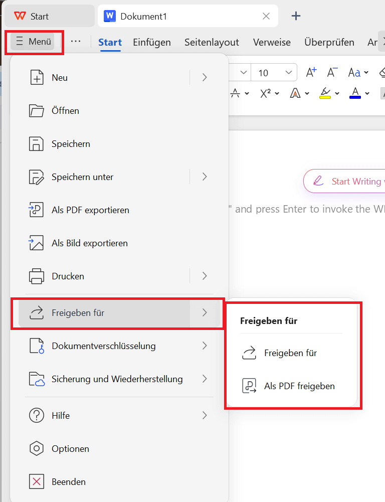 Anzeige, wo Sie hingehen müssen, um ein Dokument zu teilen, sobald es bearbeitet wurde