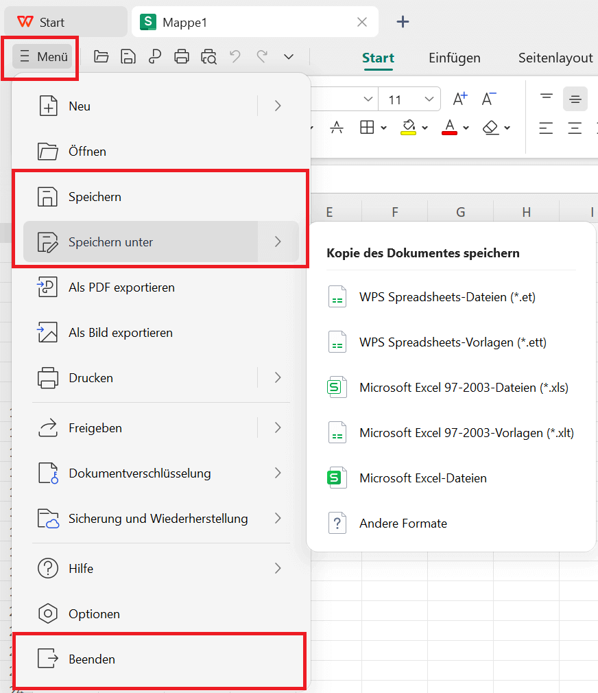 WPS Spreadsheet-Datei mit Hinweisen, wo die Datei gespeichert und geschlossen werden soll