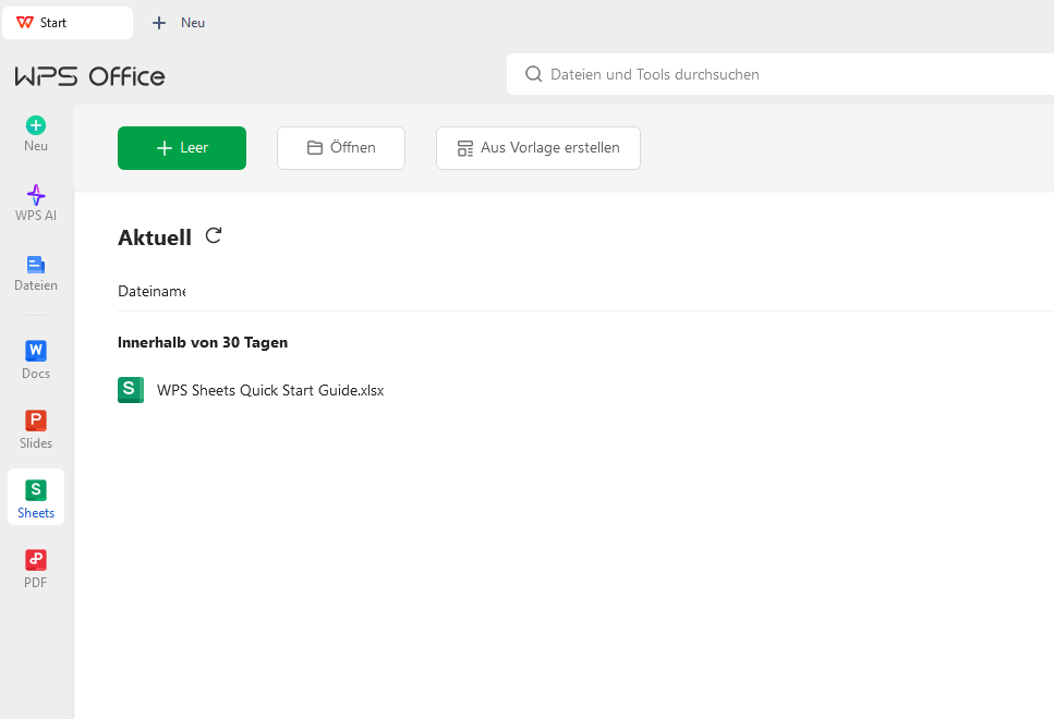 WPS Spreadsheets öffnen