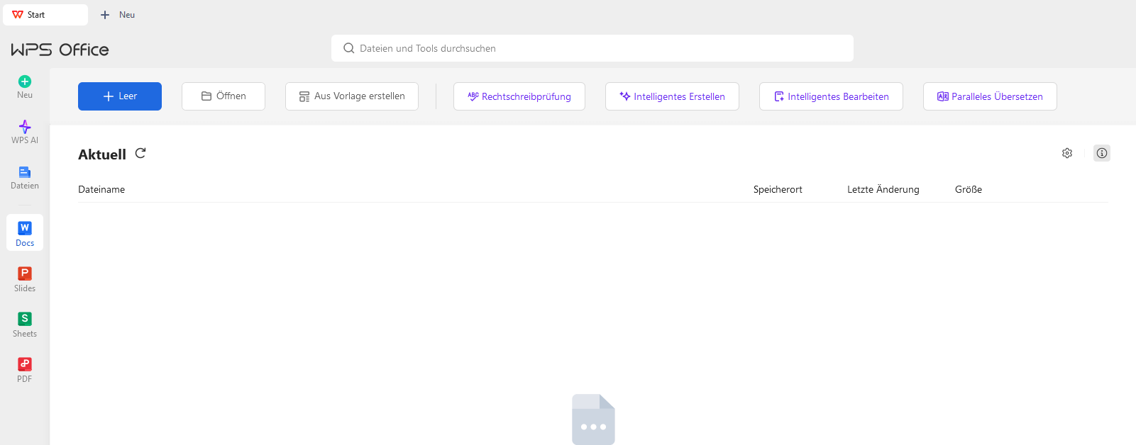 Erstellen eines neuen Dokuments mit dem WPS Writer