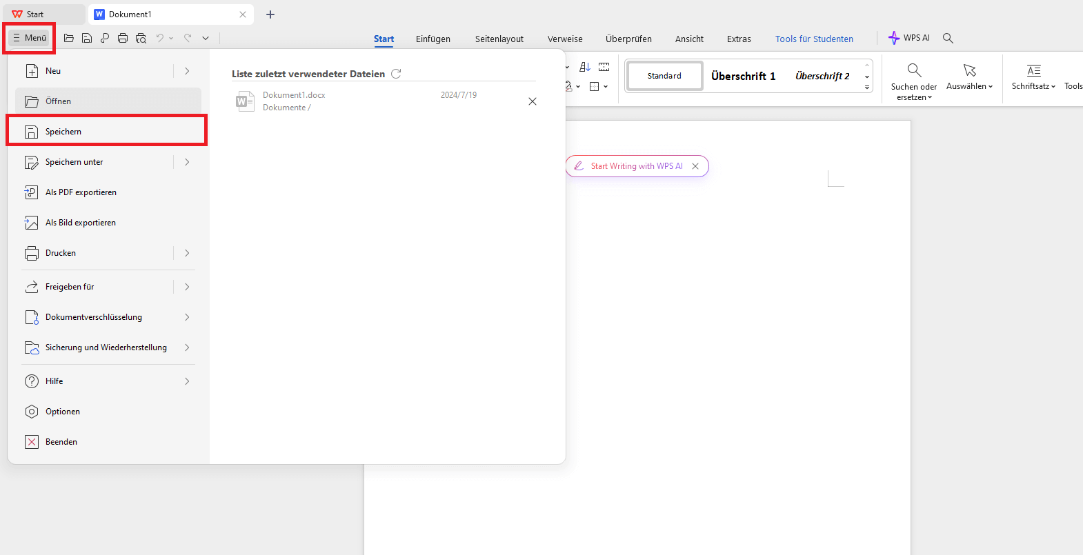 WPS Office Datei speichern