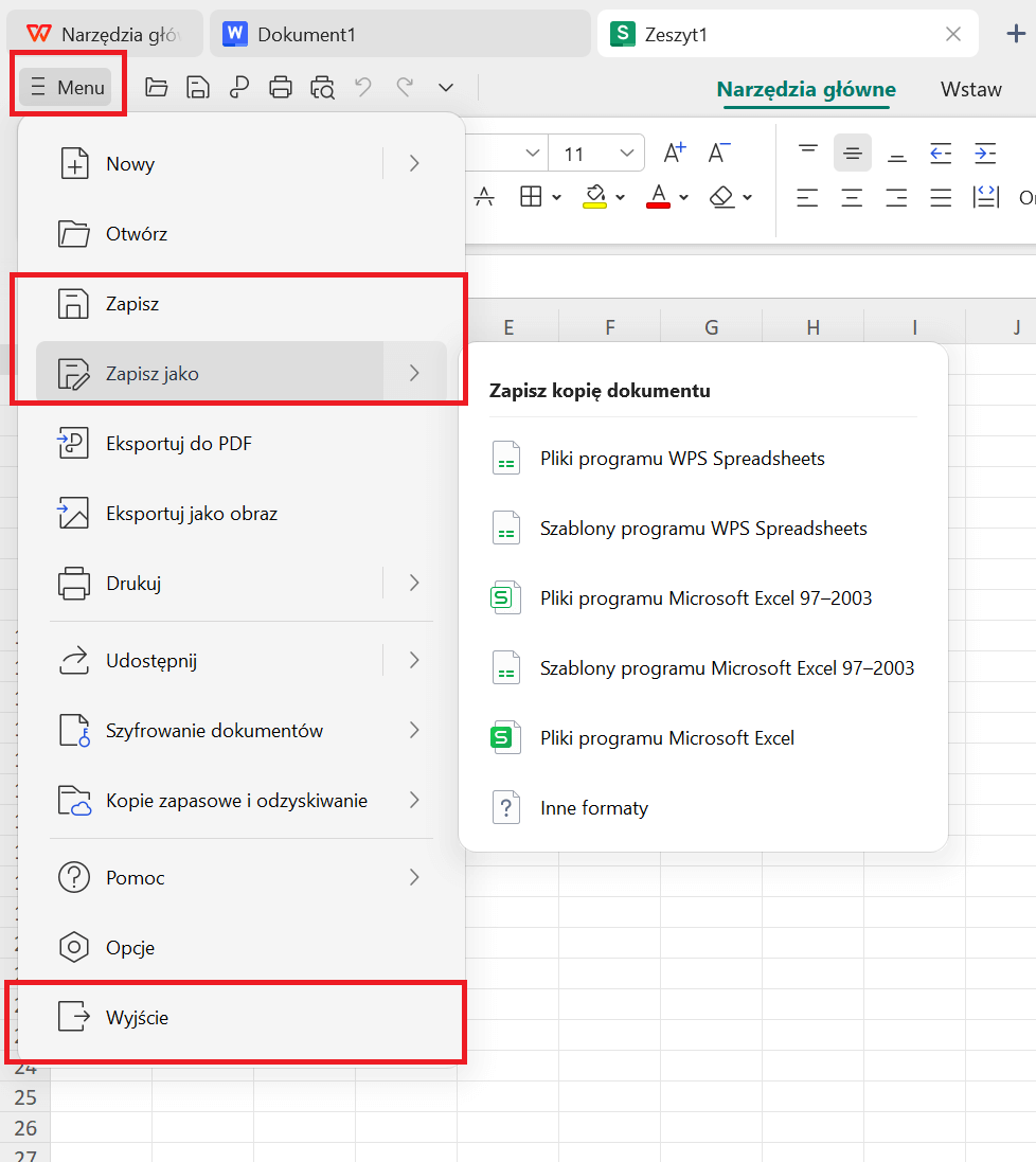 WPS Spreadsheet file with indications on where to save the file and where to close it