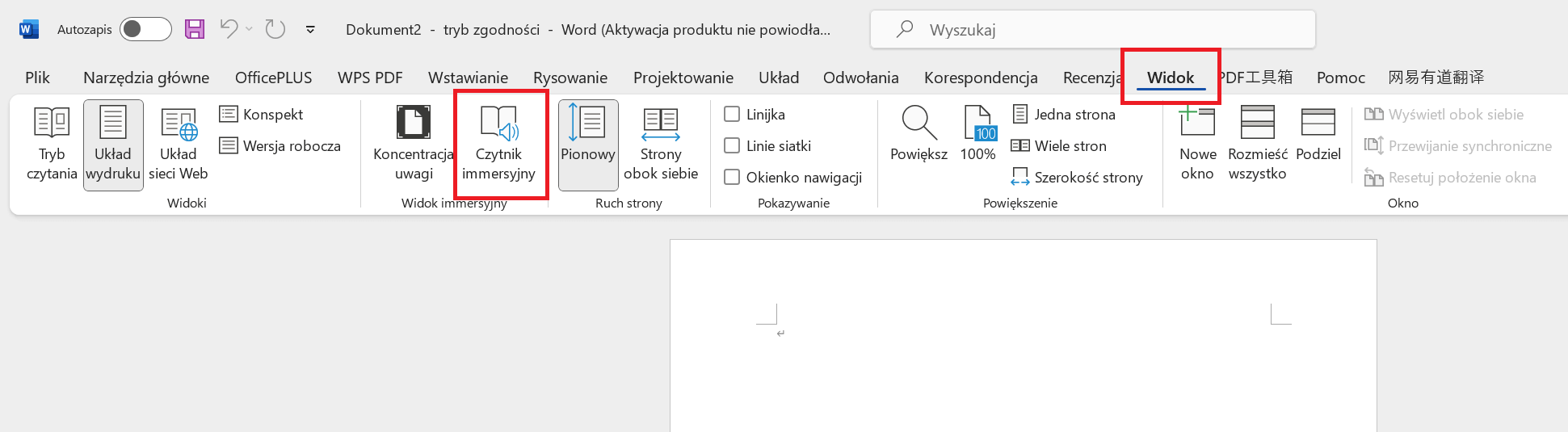 Pasek narzędziowy w Microsoft Word 2021 dla Mac na karcie Widok
