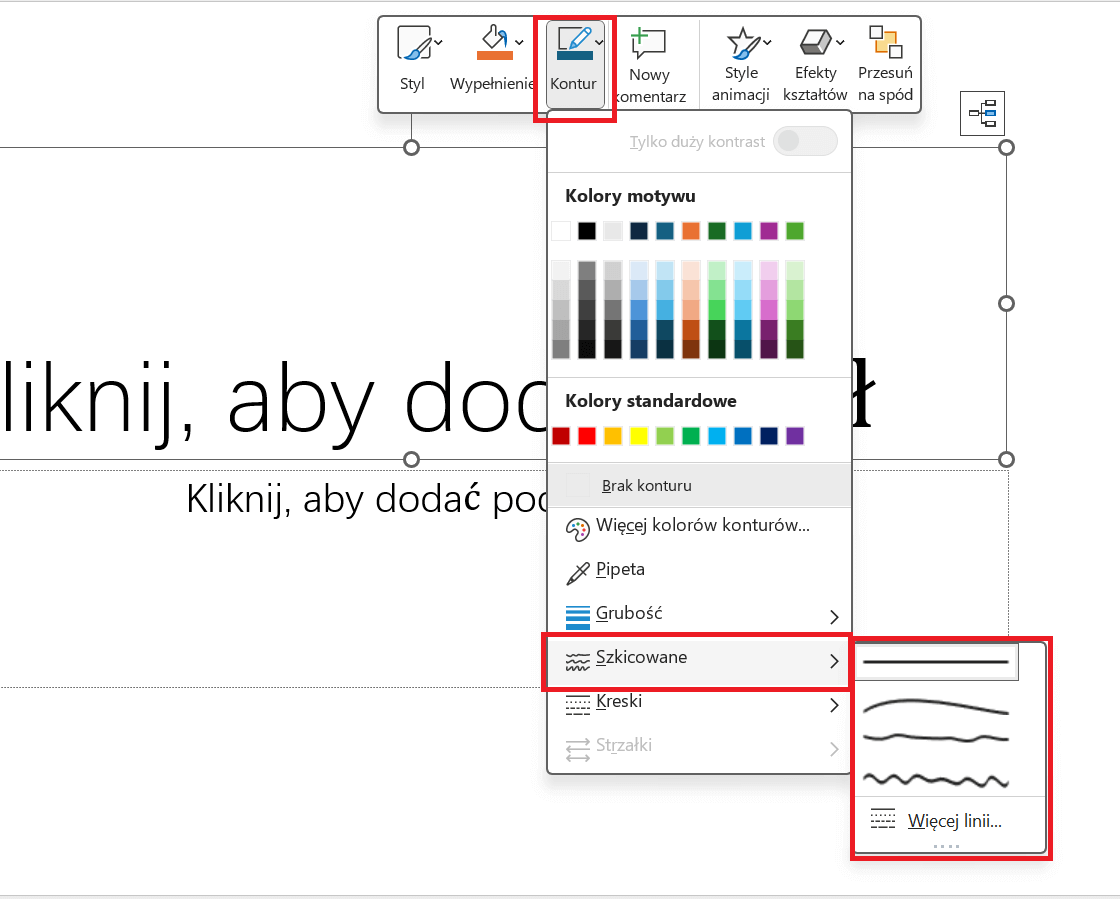 Dodawanie instrukcji kreskowych konturów w Microsoft PowerPoint