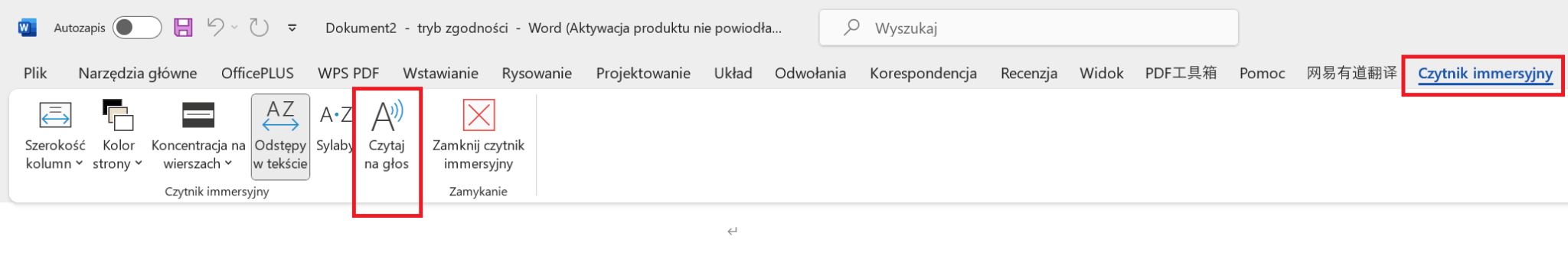 Karta Czytnika immersyjnego w pasku narzędziowym w Microsoft Office 2021 dla Maca