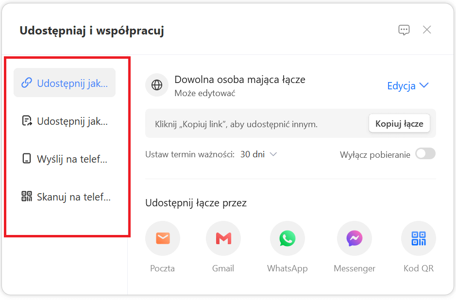 Okno dialogowe udostępniania do wyboru, z kim udostępnić dokument