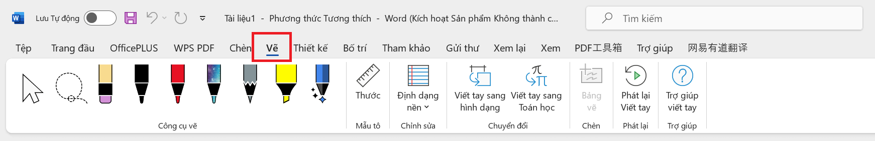 Công cụ thanh vẽ trong Microsoft Word với các tùy chọn khác nhau
