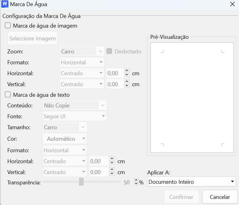 opções de marca d’água no WPS
