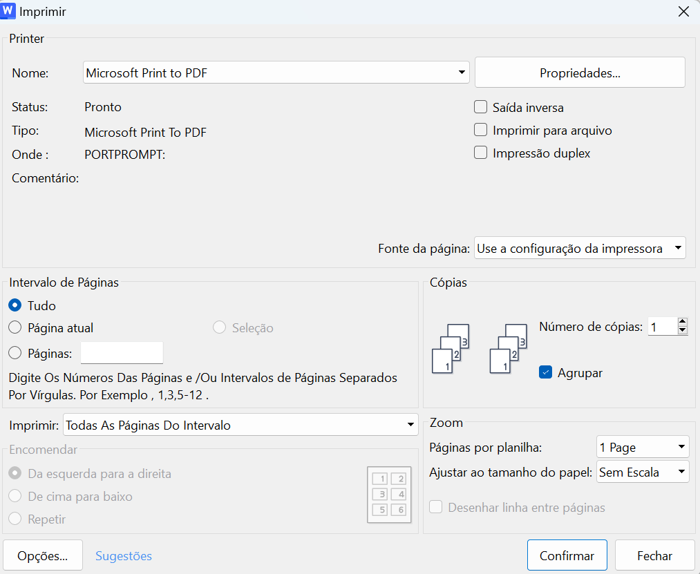 opções de impressão do WPS Office