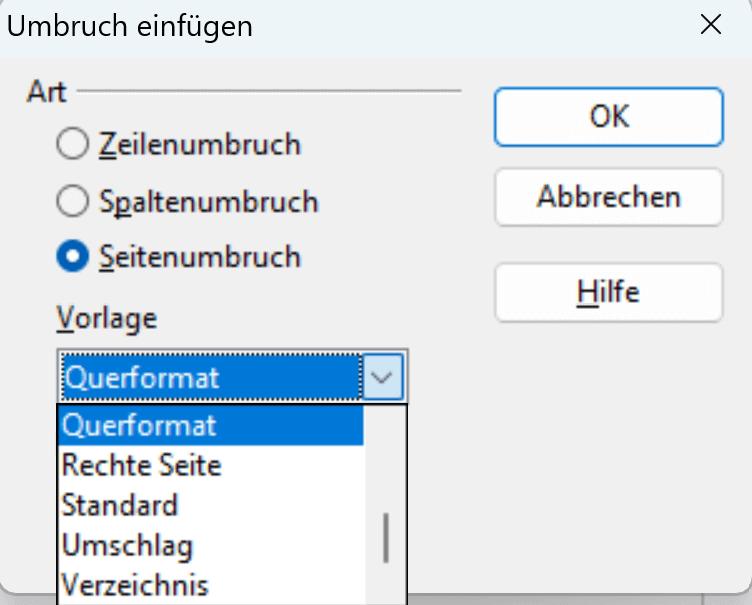 Das Querformat auswählen