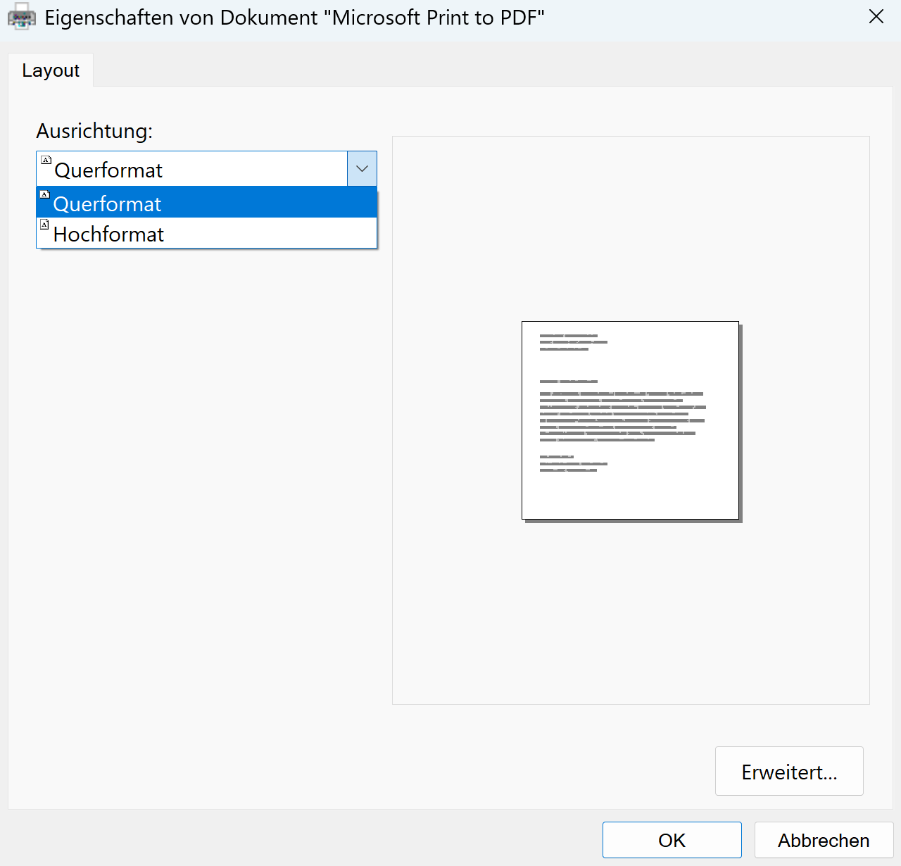 Das Querformat auswählen