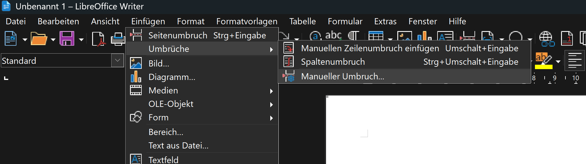 Seitenumbruch über das Menü einfügen