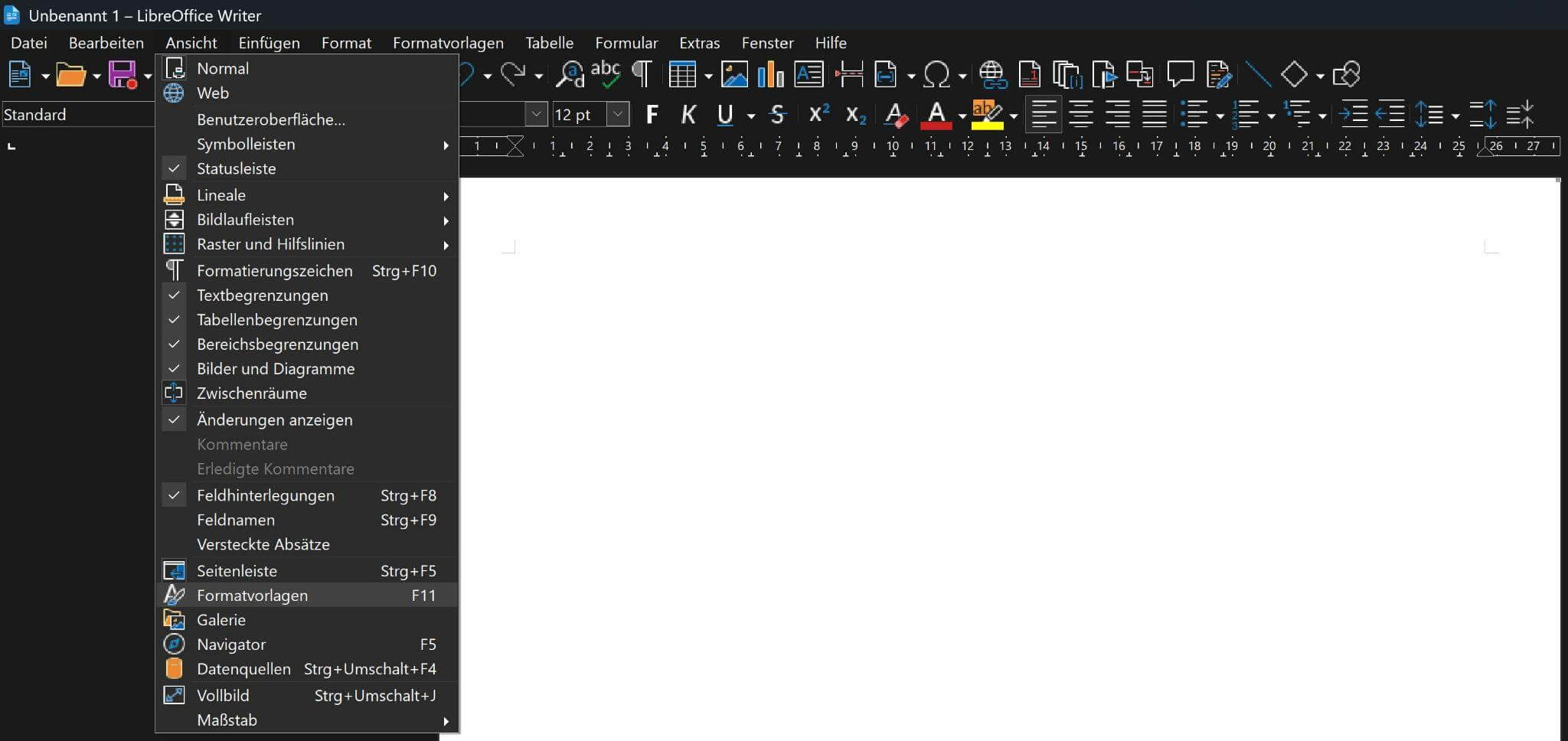 Libre Office Menü öffnen