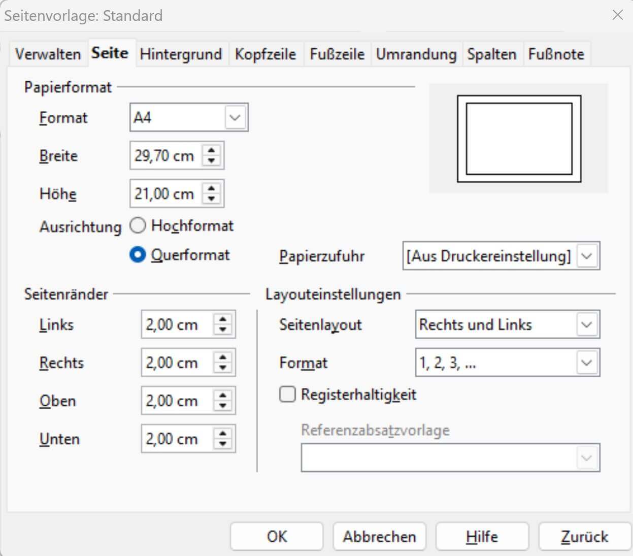 Das Querformat auswählen