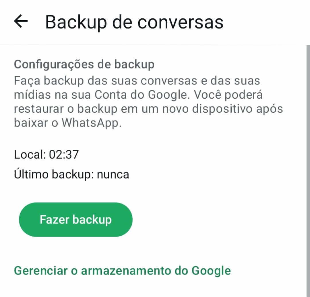 configurações de backup do Whatsapp