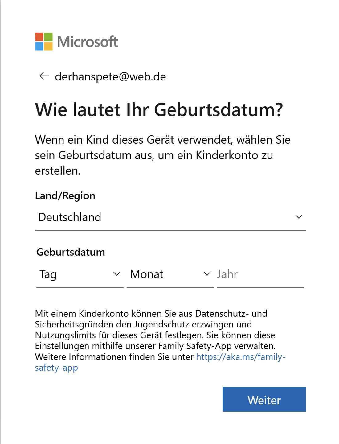 MS Registrierung Geburtsdatum eingeben