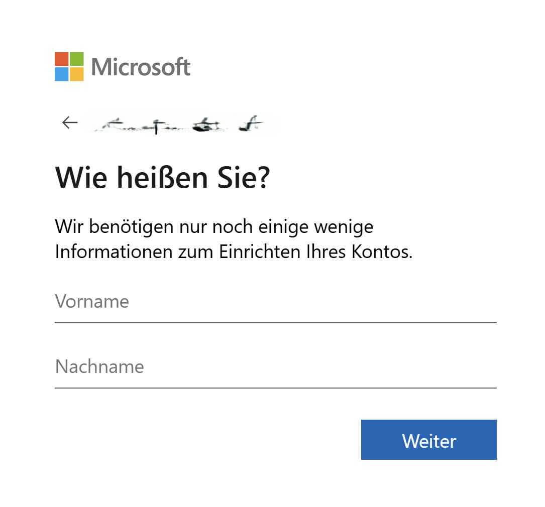 Namen eingeben bei der Kontoerstellung bei MS