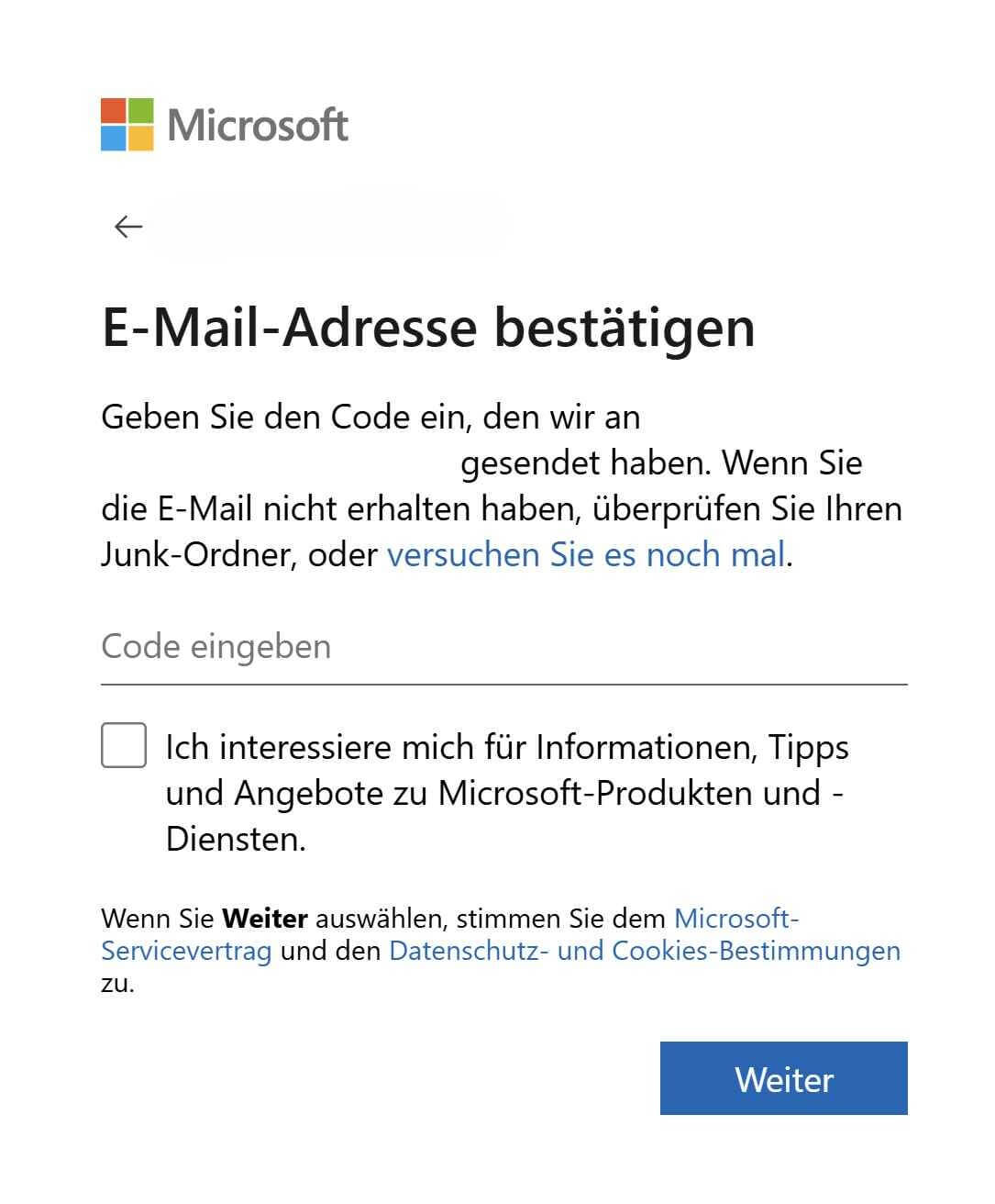 MS Kontoerstellung E-Mail bestätigen