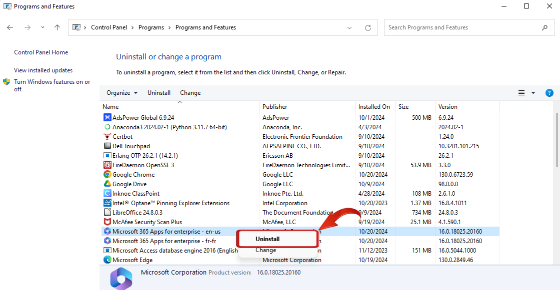  اختيار إلغاء التثبيت