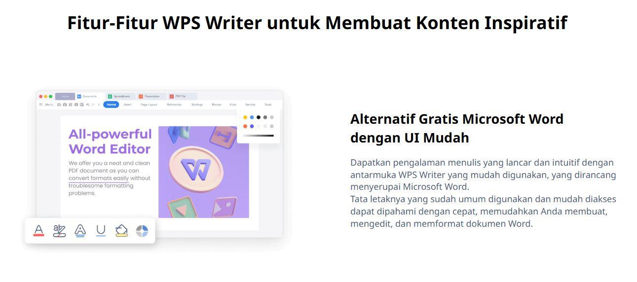 Tampilan Berbagai Fitur Writer di WPS Office