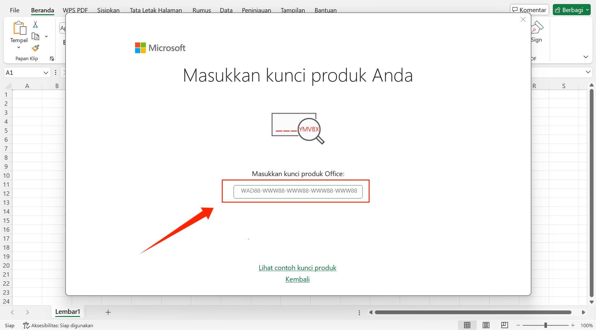 Tampilan memasukkan product key di Microsoft Office 2016