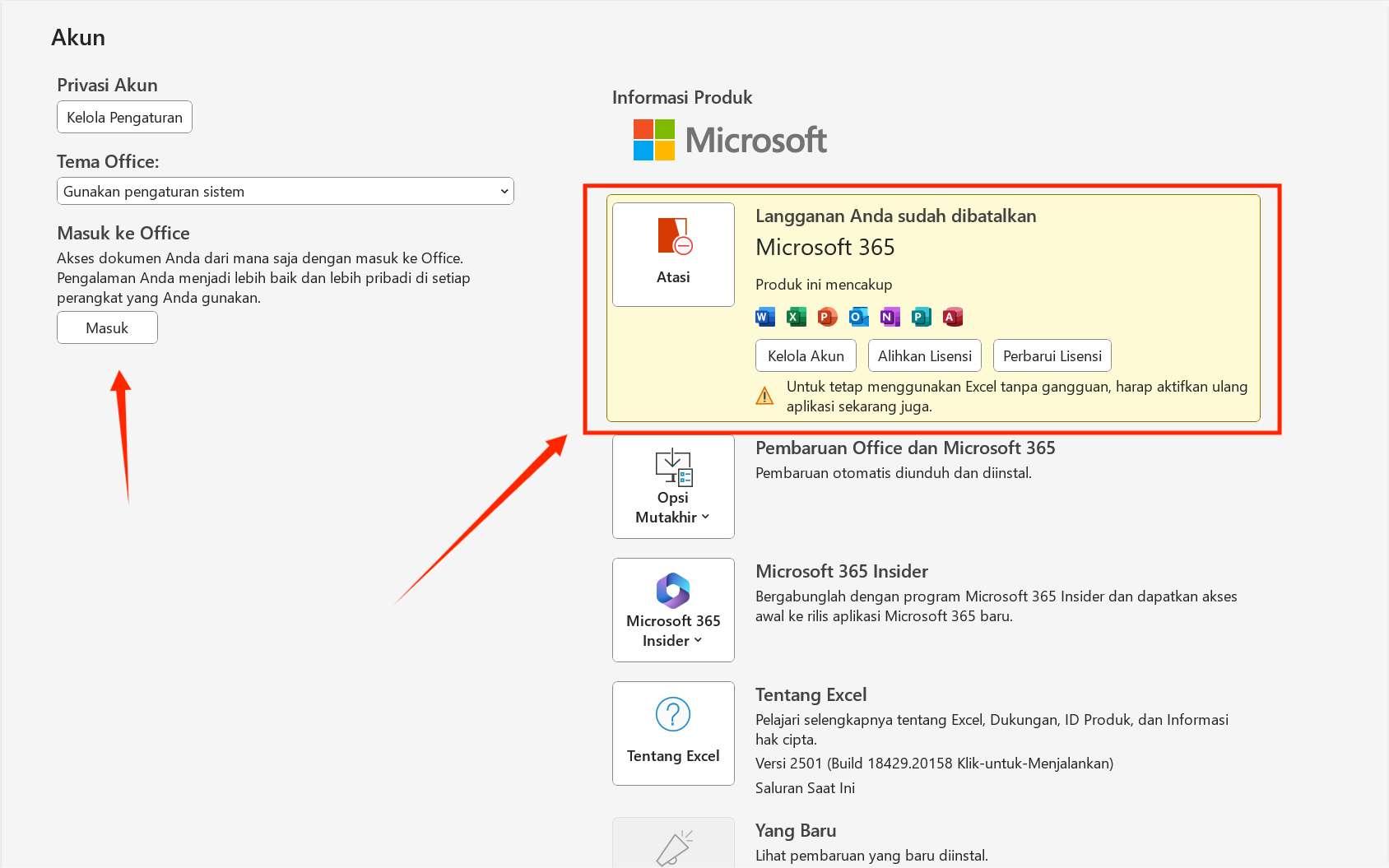 Tampilan cek status lisensi di salah satu aplikasi Microsoft Office