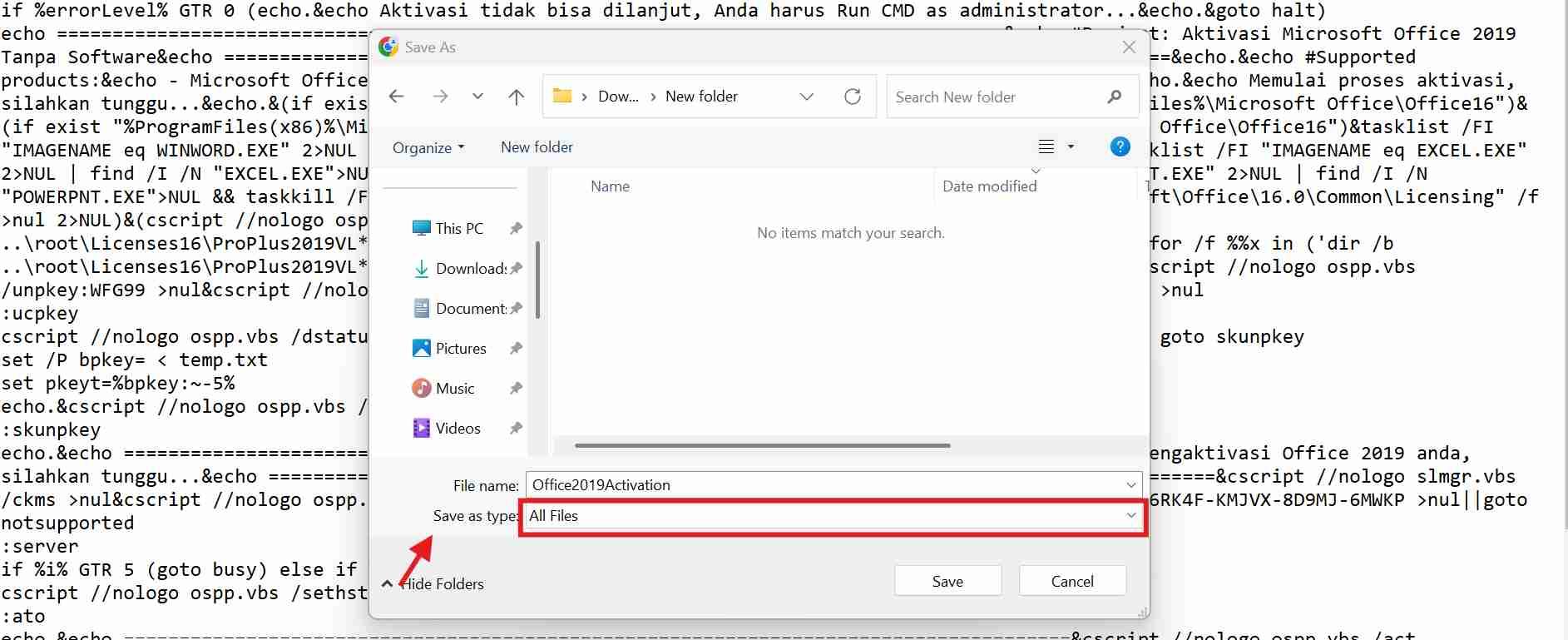  Tampilan saat mengubah jenis file